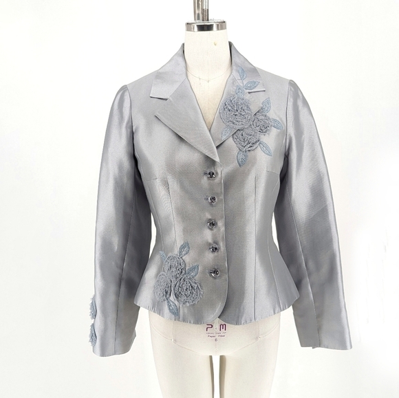 Terri Jones Satin Flower Applique Blazer Gray 4 evening cocktail party formal - Picture 1 of 7